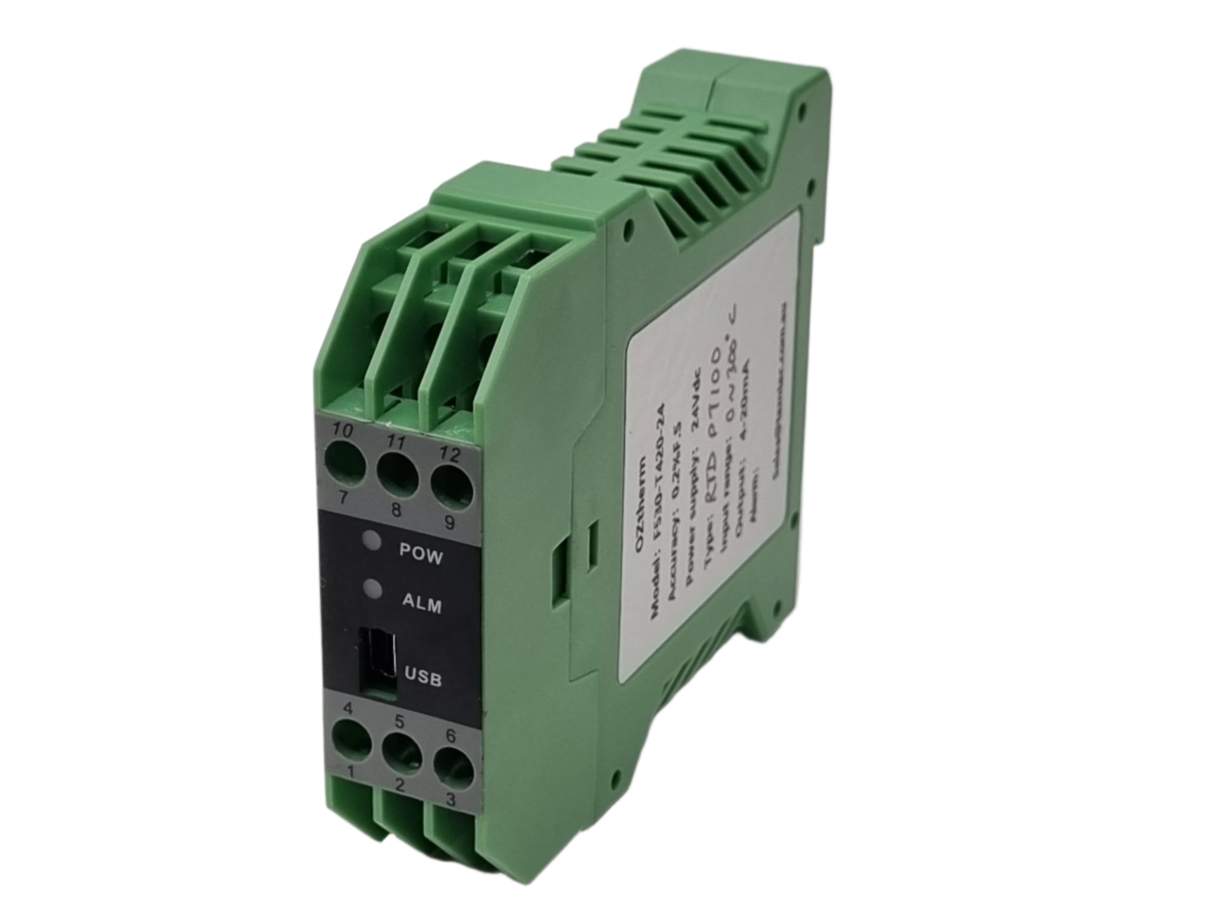 Oztherm Temperature Transmitter, RTD PT100, DIn rail mount, 4-20mA Output